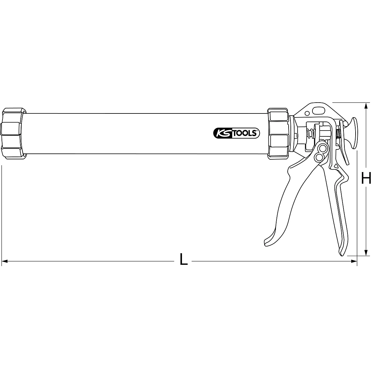Eine Strichzeichnung einer Kartuschenpistole mit Maßen L und H. Der Schriftzug KS TOOLS ist erkennbar.